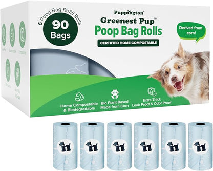 Puppington Certified Home Compostable Poop Bags - ASTM D6400 Compliant - Plant-Based Thick Bags - Pairs with Puppington 3-in-1 Bag & Fits all Standard Poop Bag Dispensers (Ice Blue, 90 Bags)
