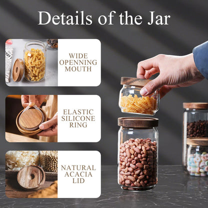 Glass Jars with Airtight Wood Lids - 11 oz Mini Kitchen Pantry Storage Containers, Stackable Decorative Canisters for Chia Seed, Sugar, Tea, Spice, Salt, Matcha, Nuts, Sauce, Cocoa powder, Set of 2