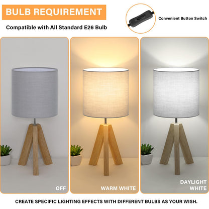 Brightever Small Bedside Table Lamp, Wooden Tripod Modern Table Lamp with Grey Linen Fabric Shade, Farmhouse Nightstand Lamp for Living Room, Bedroom, Home, Nursery, Office