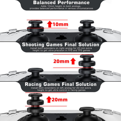 PlayRealm NO Falling Off Thumbstick Extender & Silicone Grip Cover 2 Sets for PS5 n PS4 Controller (Whirl Black)