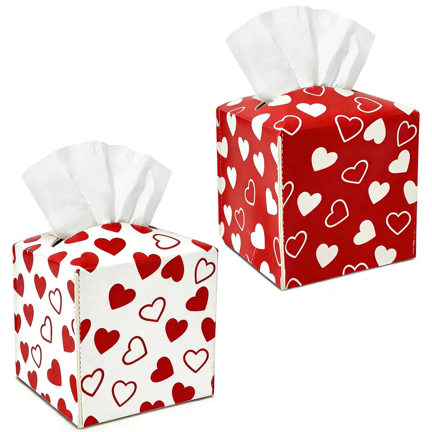 2 Pieces Valentine's Day Tissue Box Covers Red Heart PU Leather Tissue Box Cover Square Tissue Box Cover Holder for Home Bathroom Bedroom Office Table