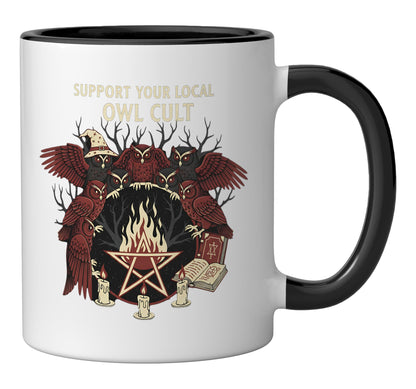 Owl Cult Funny Occult Witches Halloween Spooky Graphic Ceramic Mug, Black/White