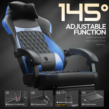 Dowinx Gaming Chair with Pocket Spring Cushion, Ergonomic Computer Chair with Massage Lumbar and Footrest for Adults, High Back Game Chair Leather for Office Gaming 300LBS, Blue New