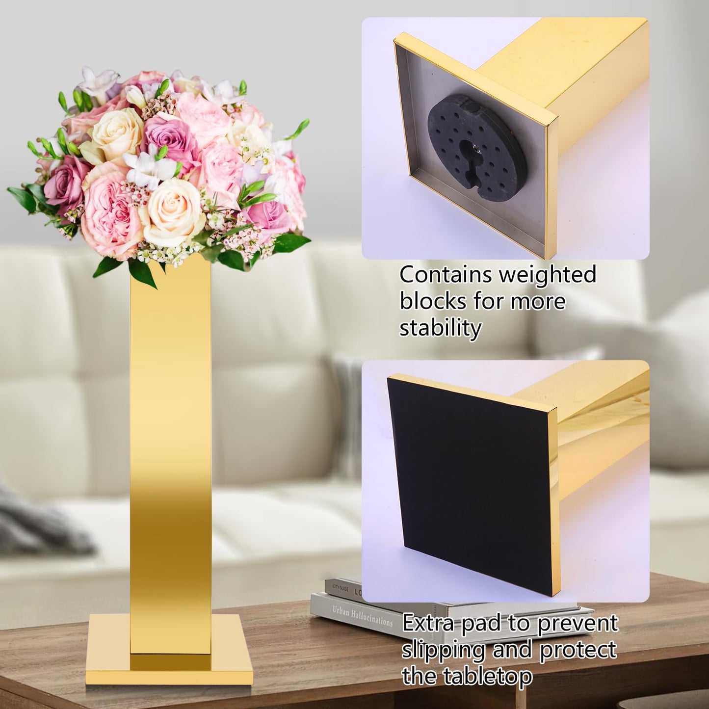 Hafyow 2PCS Tall Gold Vases for Centerpieces,31.5inch Stainless Steel Column Geometric Centerpieces Wedding Flower Stand Flower Floor Vase for Tables Wedding Anniversary Birthday Party Decor