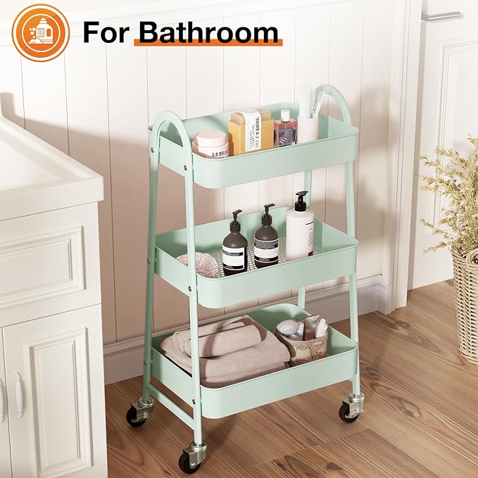 NEWBULIG 3-Tier Metal Rolling Storage Cart, Heavy Duty Mobile Utility Organizer Shelf with Lockable Wheels, Multifunctional Trolley for Daily Supplies, Home Indoor Daily Use, Green