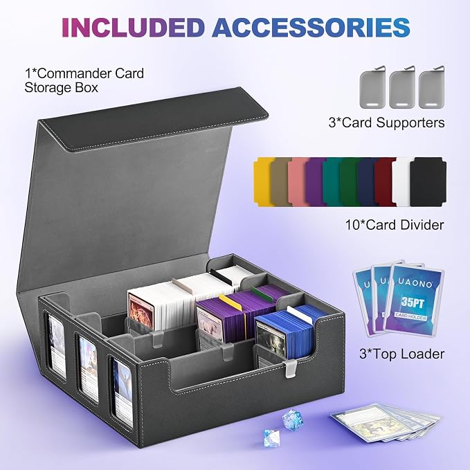 UAONO Card Storage Box for Trading Cards, 1800+ Commander Deck Box for MTG with Display Window, Toploader Card Case fits Magic TCG PTCG Sports Cards; 10 Removable Divider Tabs, 3 Stoppers (Black)