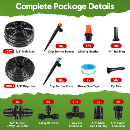 240FT Drip Irrigation System for Garden, 2026 Upgraded Quick-Connect Automatic Garden Watering System with 1/2" & 1/4" Tubing and Adjustable Nozzle Emitters for Greenhouse, Yard, Lawn, Raised Bed