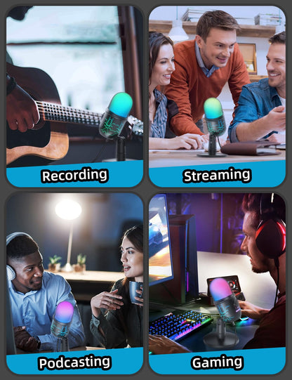 MRSDY Gaming Microphone, USB Computer Microphone for PC, Mac, PS4/5, Condenser Podcast Mic for Studio Recording, YouTube, Streaming, with Headphone Jack, Led Light, Mute, Gain, Noise Cancellation