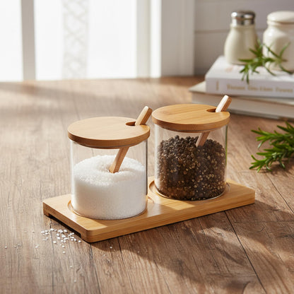 Mowhut 2 PCS Condiment Containers, Spice Rack with Bamboo Spoon Lid and Base, Sugar Bowl, Salt and Pepper Shakers Set for Salt Sugar Tea Herbal Coffee Beans, Clear