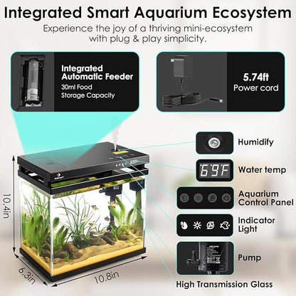 fishkeeper 2.3G Smart Aquarium - HD Glass Fish Tank Kits with Auto Feeder, Self-Cleaning Silent Filter Pump, Aromatherapy, Temperature Display & 7-Color RGB Lights for Desktop, Office, Room