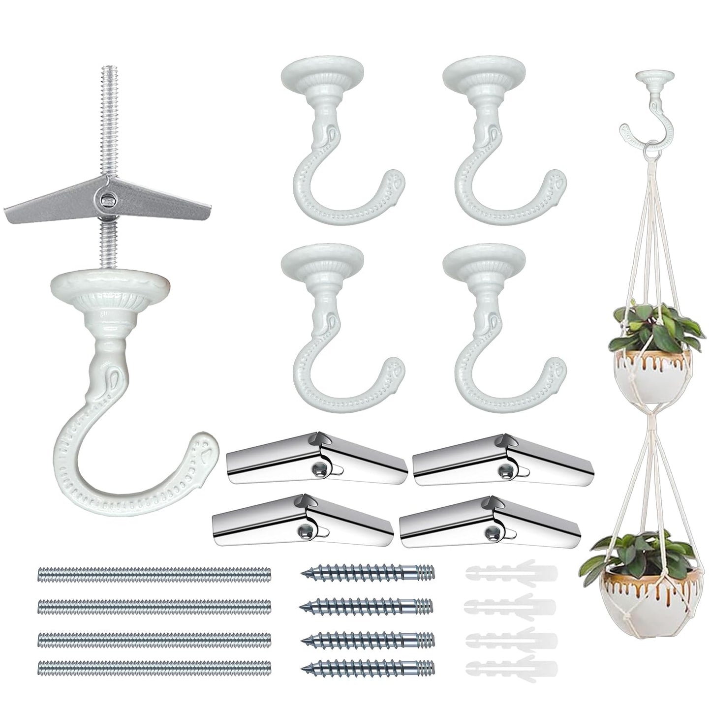 Evsteluo 4 Sets Heavy-Duty Ceiling Hooks with Complete Kit – Fit Wood, Cement & Drywall Ceilings for Hanging Plants (White)