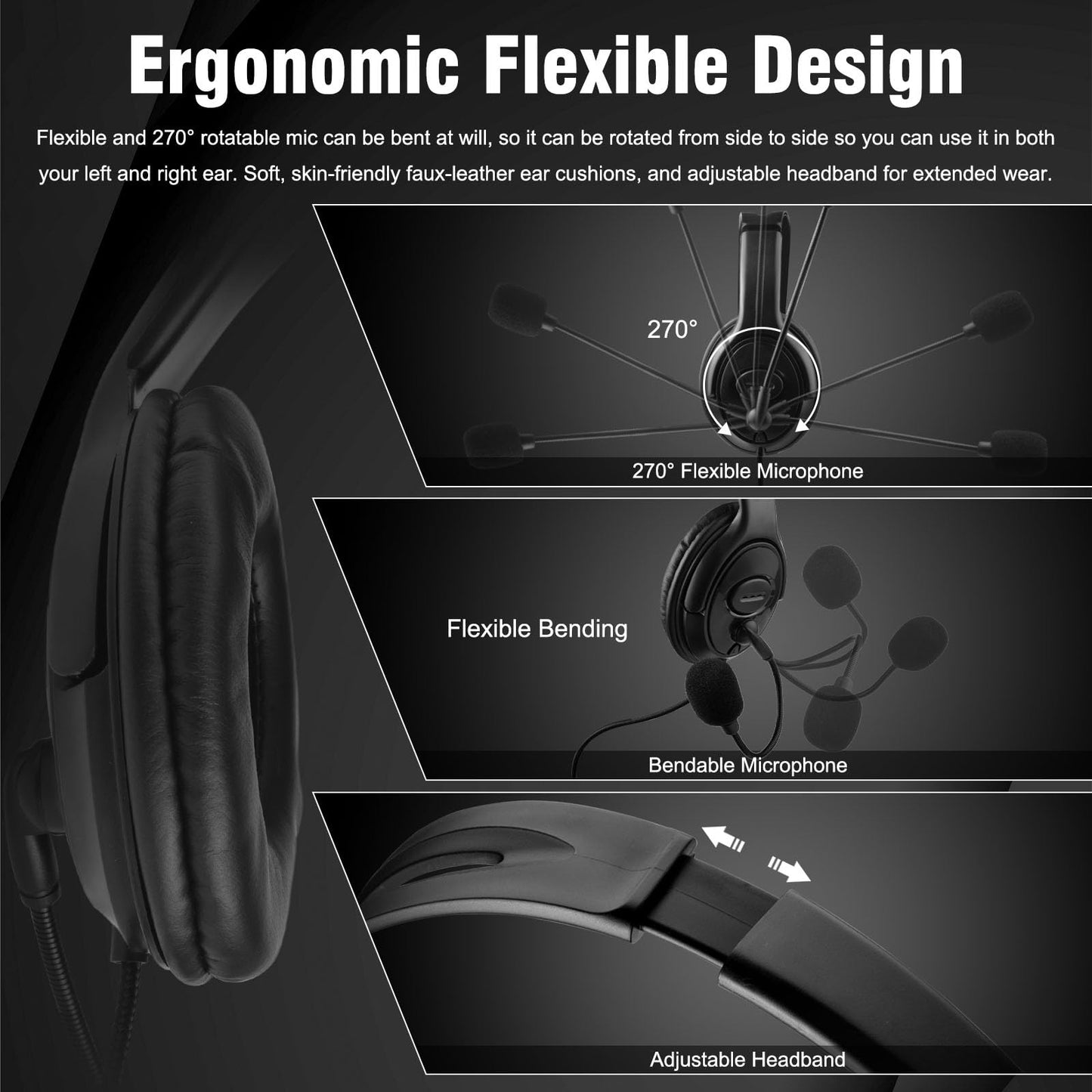 Joso Wired One Ear Headset with Mic, Single Ear Headset for PS5/PS4/Xbox/Switch/PC/iPad/Mac & Tablet with 3.5mm to Type C & USB-A Adapter - Chat Headphone, Office Business, Coach, Gaming, Remote Work