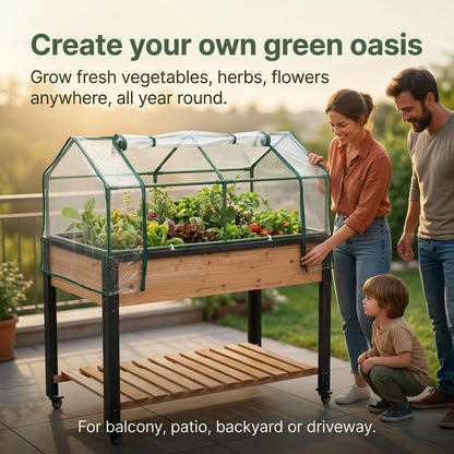 GOJ Raised Garden Bed Wood 48x24x32 inch with Greenhouse & Lockable Wheels - Elevated Wood Planter Box for Outdoors Vegetable Flower Bed Herb Planter - 400 lbs Capacity