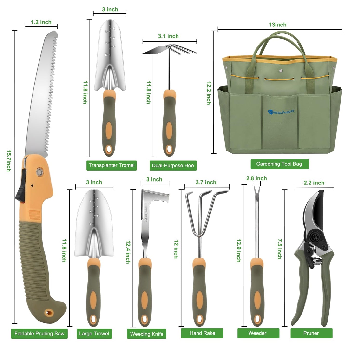Yesker Gardening Tools 9-Piece Heavy Duty Garden Tool Set Gardening Supplies Gifts for Women Men Gardening Hand Tool Kit w Non-Slip Ergonomic Rubber Handle, Durable Garden Bag, Pruning Shears, Green