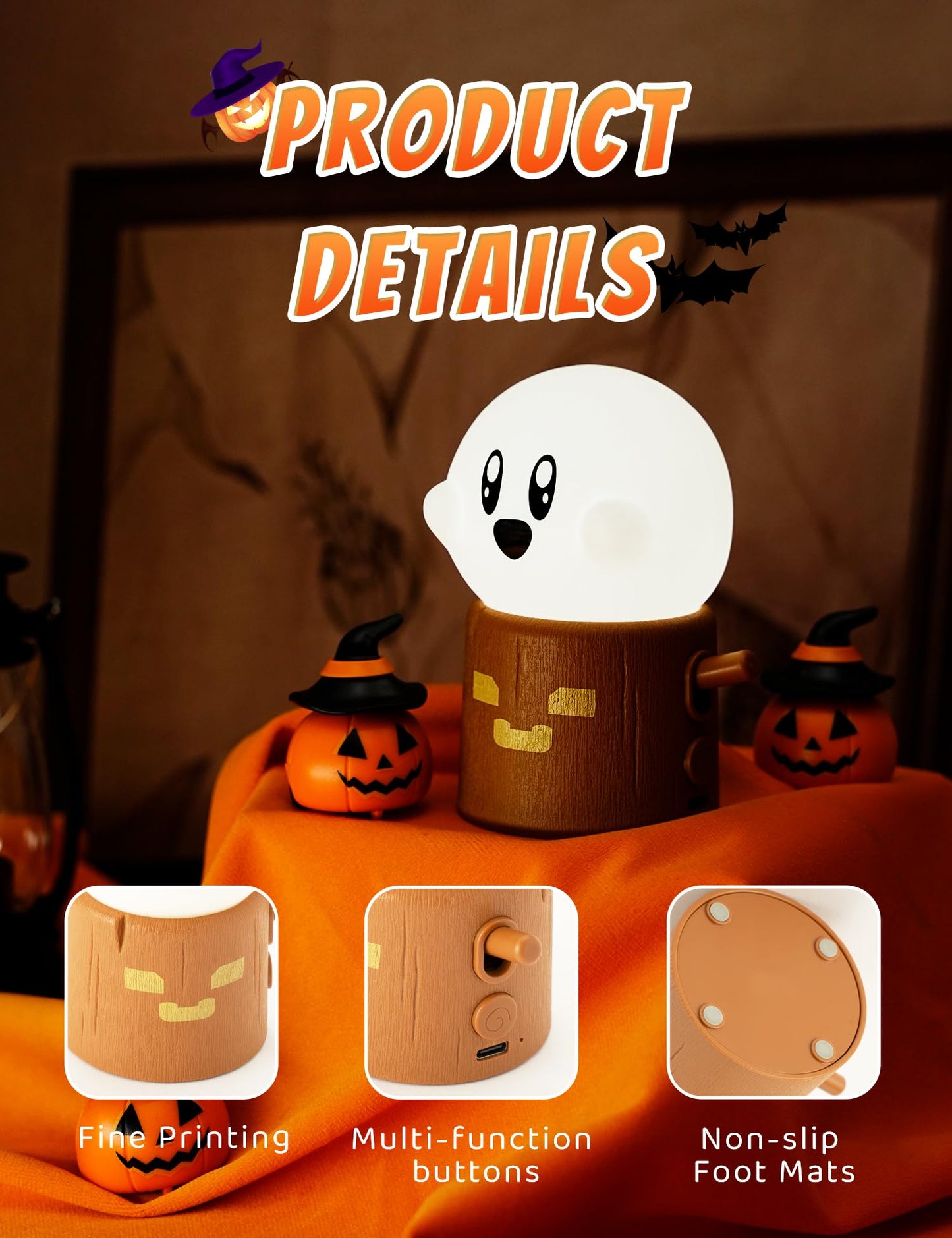 BANDIANCY Ghost Stumps Lamp, Cute Ghost LED Night Light, Halloween Party Decorations Indoor, Halloween Centerpieces Decorations for Table, Shelf, Fireplace