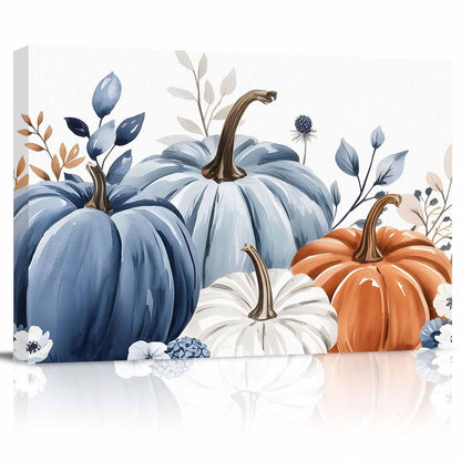 Prime Leader Fall Canvas Wall Art - Thanksgiving Blue Leaves Pumpkin White Background - Modern Wall Decor Gallery Canvas Wraps Giclee Print Stretched and Framed Ready to Hang - 16" x 20"
