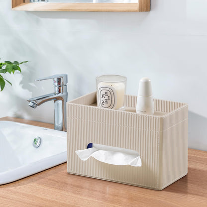 Cretkhp Tissue Box Cover Rectangle with Storage Tray, PU Leather Tissue Holder for Bathroom Vanity Countertop Night Stands Bedroom Office Desk, Stylish Rectangular Tissue Box Holder (Beige)