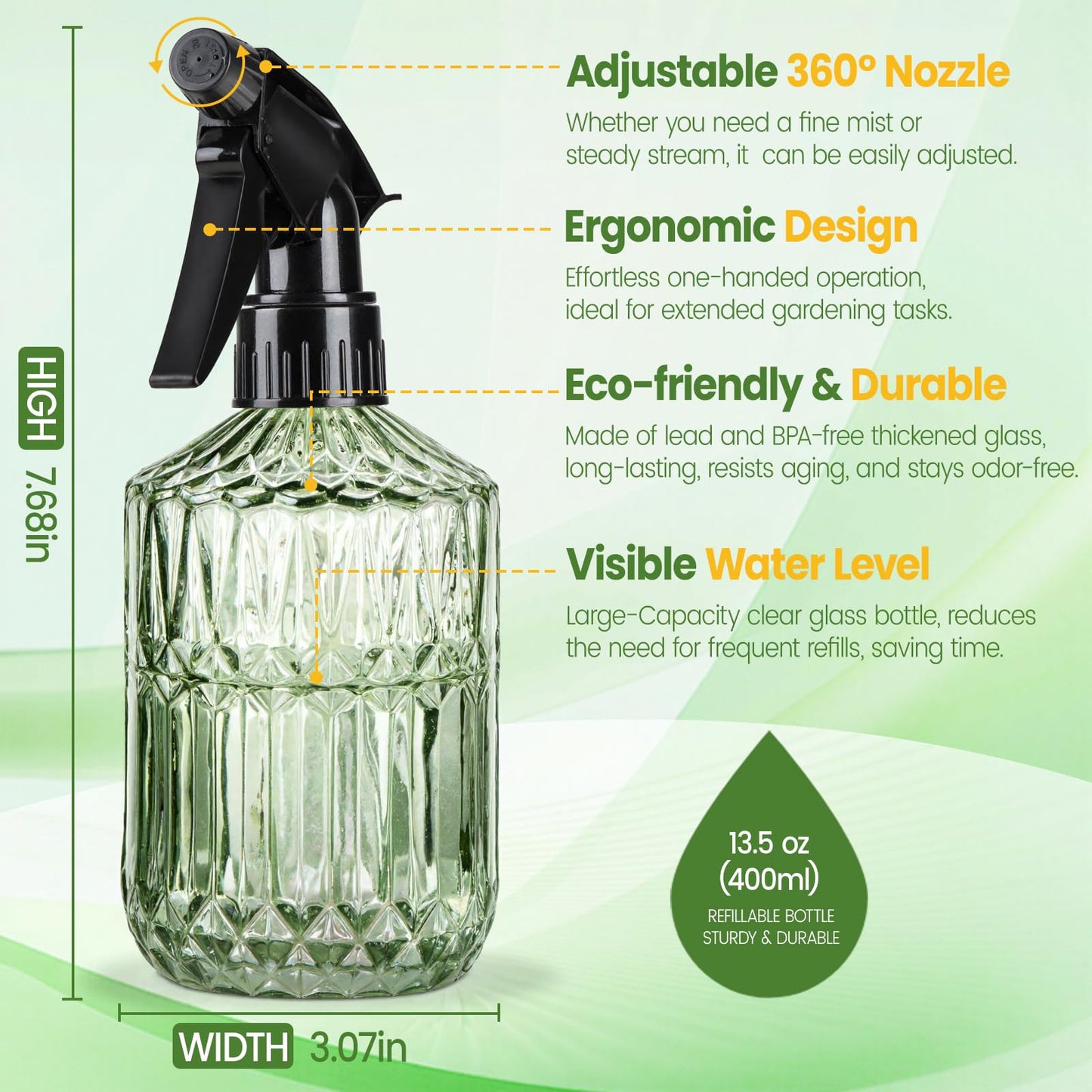 Sincengel Watering Can for Indoor Plants, 20 oz Metal Small Plant Watering Can with Long Spout for House Plants, 13.5 oz Glass Plant Mister Spray Bottle for Bonsai Garden Flowers Decorative (Green)