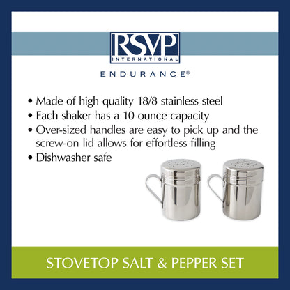RSVP International Endurance Kitchen Shaker Collection, Dishwasher Safe, Salt & Pepper Set, 10-Ounce, Stainless Steel