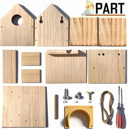 Hanging Bird House for Outside Clearance, Cedar Wooden Bird House to Paint for Finch Bluebird Cardinals, Bird Nest Feeder W/Rain Awning Kit for Outdoor Backyard Courtyard Patio Decor (DIY Detachable)