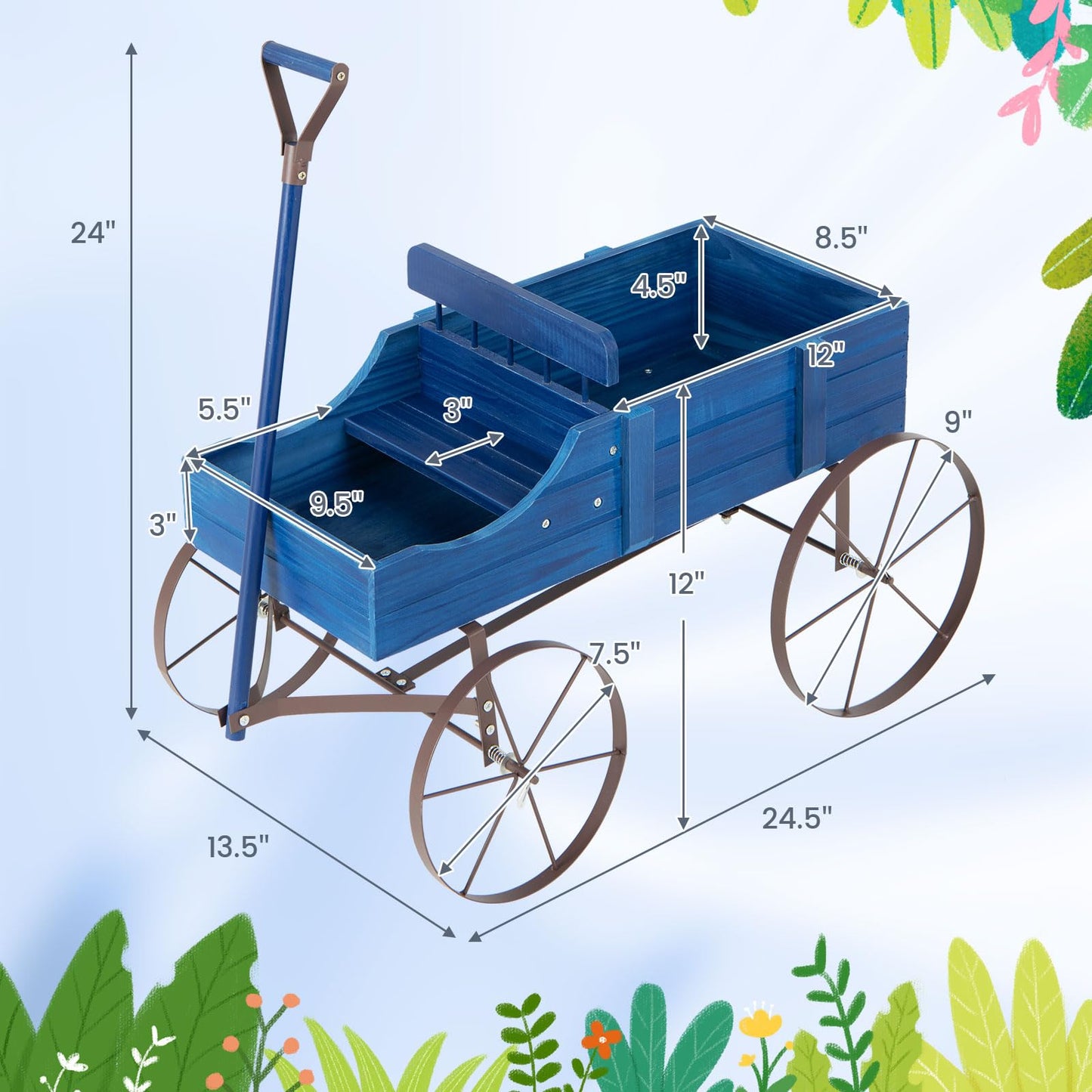 Goplus Wagon Planter, Decorative Wooden Garden Planter with Wheels, 2 Planting Sections and Adjustable Handle, Indoor Outdoor Backyard Balcony Decor (Blue)