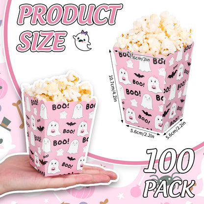 Whaline 100 Pcs Halloween Mini Popcorn Boxes Pink Ghost Bat Popcorn Bucket Boo Candy Favor Boxes for Trick or Treat Movie Night Party Supplies, 3 x 2.2 x 4.2 Inch