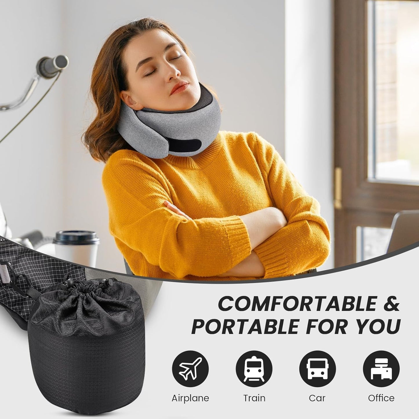 SZXYX Neck Travel Pillows for Airplanes, 100% Pure Memory Foam Neck Pillow for Airplanes, Comfortable Breathable Cover, 360° Support Stowable Pillows for Sleeping, Car, Airport Travel Essentials L