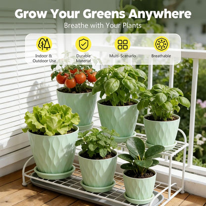 KEETUMOOD Plant Pots, Self Watering Planters with Drainage Holes and Trays, Flower Pots for Indoor Outdoor - 6 Pack(4/5/6/6.5/7/8 Inch) (Light Green)