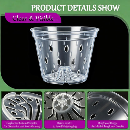 Gyfofix 6 Pack 5.9 Inch Clear Plastic Orchid Pots with Drainage Holes, Transparent Breathable Planters for Root Observation, Indoor Outdoor Orchid Cultivation
