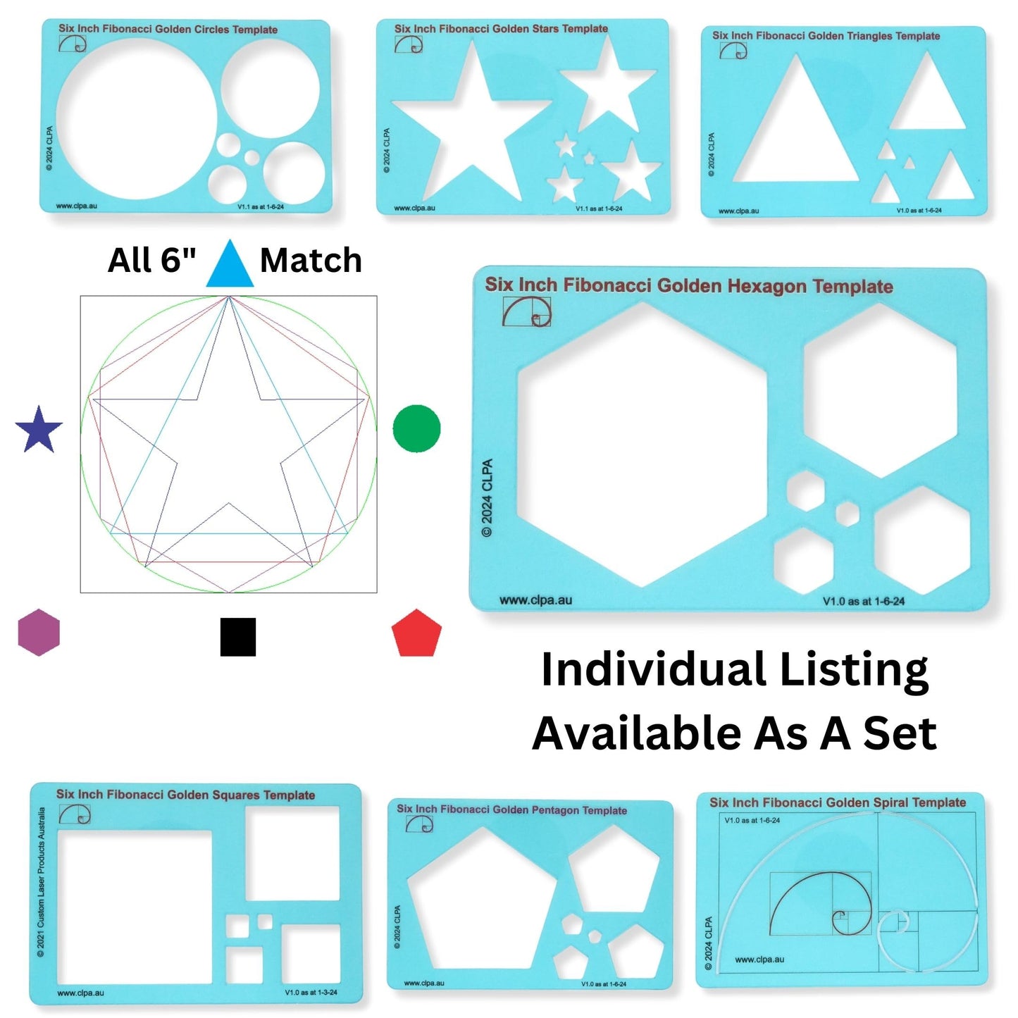 6" Hexagon Stencil Template — Golden Ratio Tool for Drawing — Fibonacci Template — Geometric Stencil for Art, Drafting and Quilting — Clear PETG — Made in Australia
