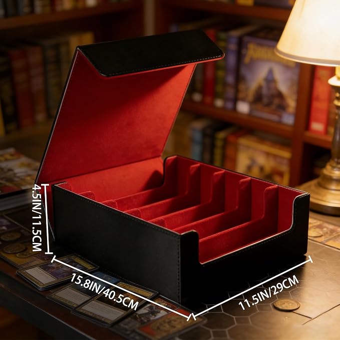 Magnetic Leather Trading Card Storage Box - 5-Row Deck Case Design, 3900+ Capacity for YuGiOh, MTG, TCG and Sports Cards, Includes 24 Colorful Dividers & 5 Card Supports（Black/Red）