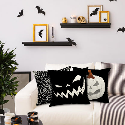 Whaline Happy Halloween Pillow Cover 20 x 20 Inch Pumpkin Spider Web Pillow Case Black Linen Throw Cushion Cover Cushion Cases for Home Office Halloween Sofa Bed Decoration, 4Pcs
