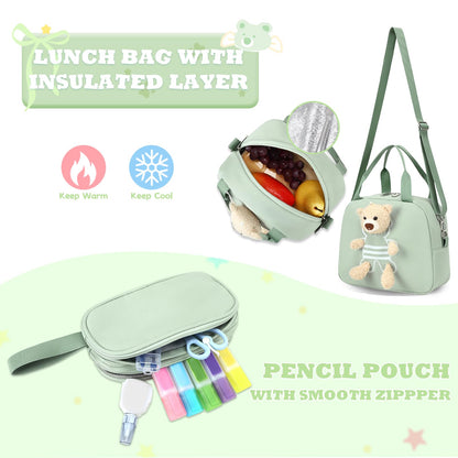 ACESAK School Backpack for Girls - 3 PCS Cute Girls Backpack with Lunch Box & Pencil Case - Kawaii Casual Kids Bookbag School Bag Daypacks Set for Elementary Middle High School Student Teens (Green)