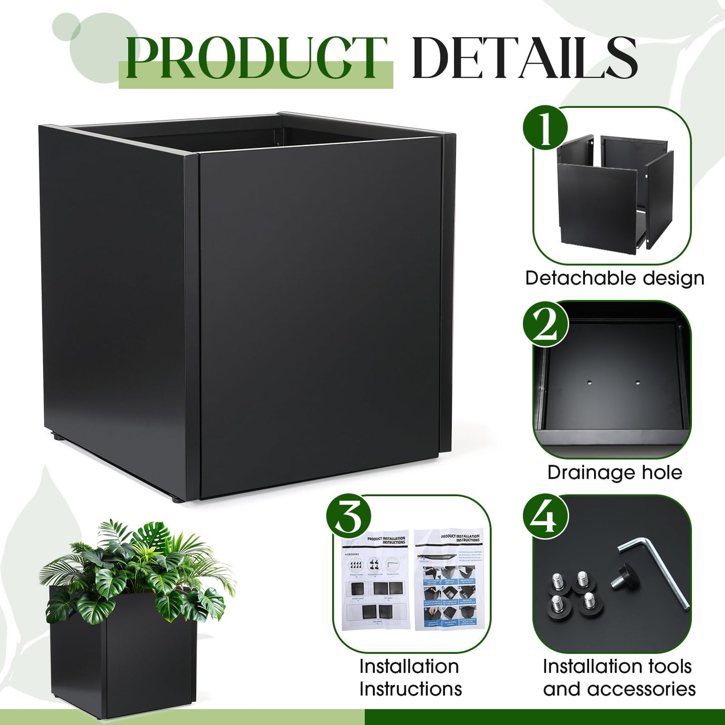 RimCereal 1 Pcs Extra Large Black Square Planter Box Outdoor 17" L x 17" W x 18" H Heavy Galvanized Steel Planters with Drainage Holes Divider for Patio Porch Tall Plants