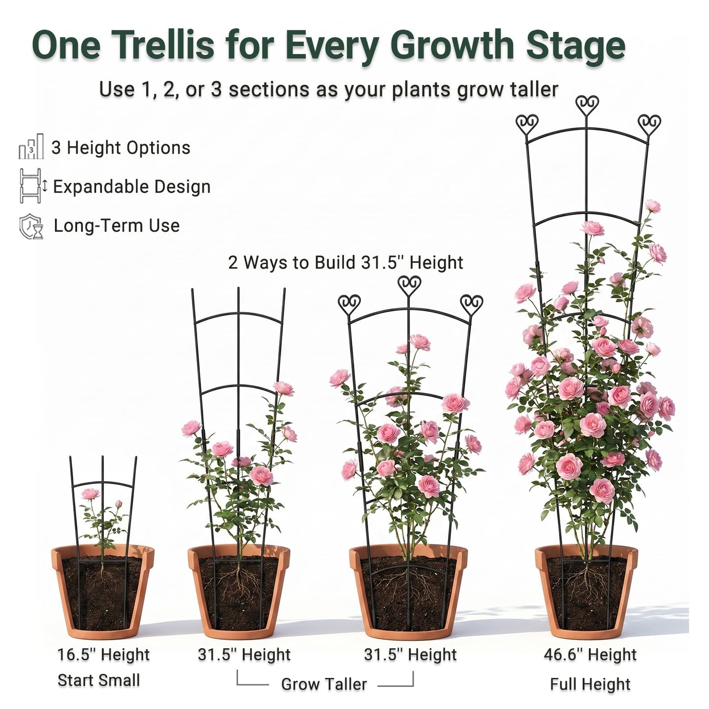 46.6" Tall Plant Trellis for Climbing Plants Indoor Outdoor, Durable Metal Trellis for Potted Plants, Adjustable Climbing Plant Support for Vines, Clematis, Morning Glories, Ivy, Black, 2 Pack