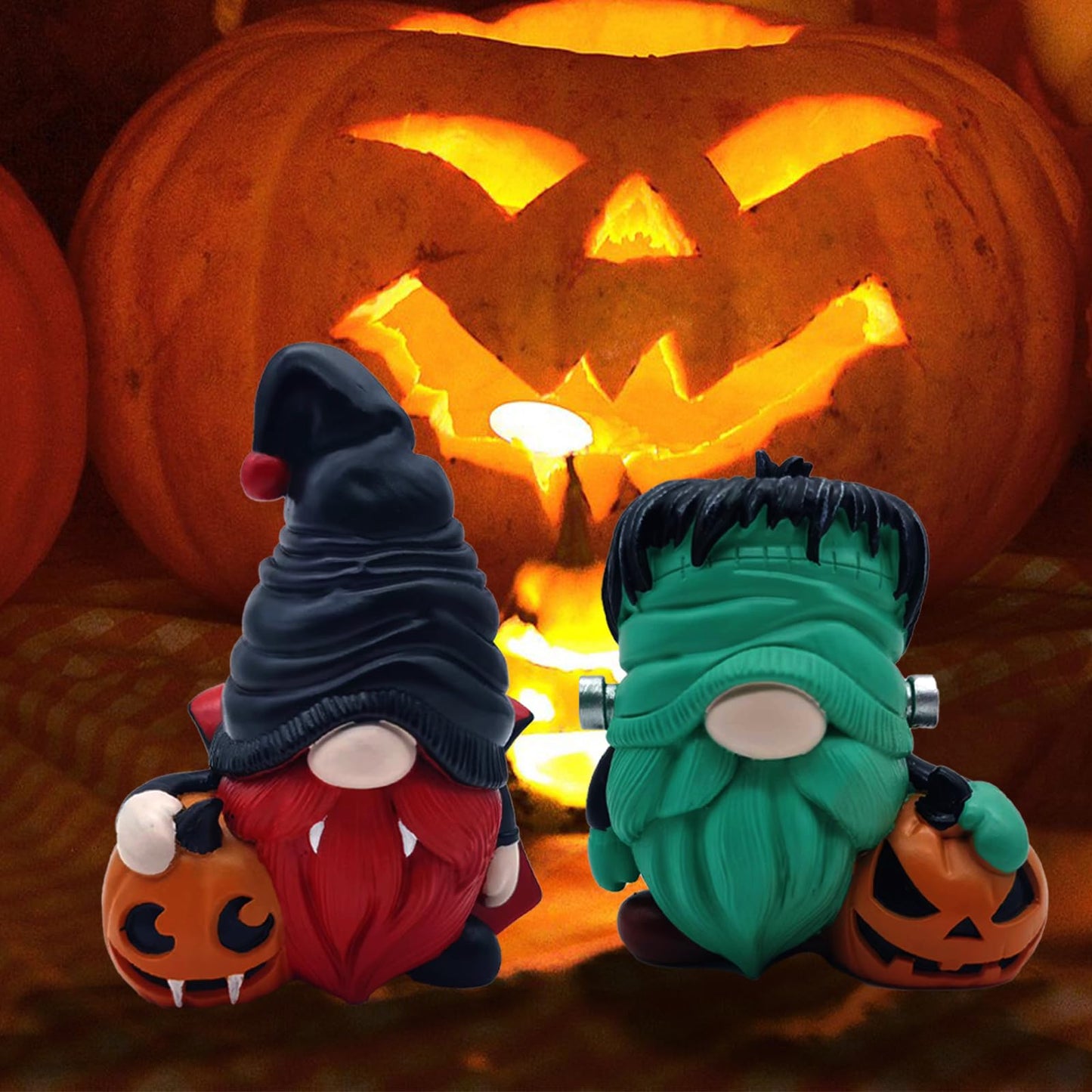YOKUSHI 2 PCS Halloween Gnomes Decorations, Fall Table Decor Resin Figurines with Pumpkin for Home Office Indoor Gifts