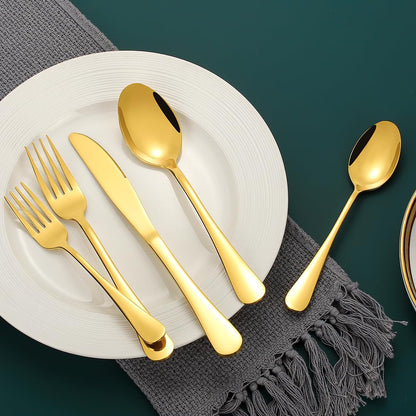 Gold Silverware Set for 12, Compralo 60 Pieces Stainless Steel Shiny Gold Flatware Set, Cutlery Tableware Set Include Spoons, Forks, Knives for Home and Restaurant