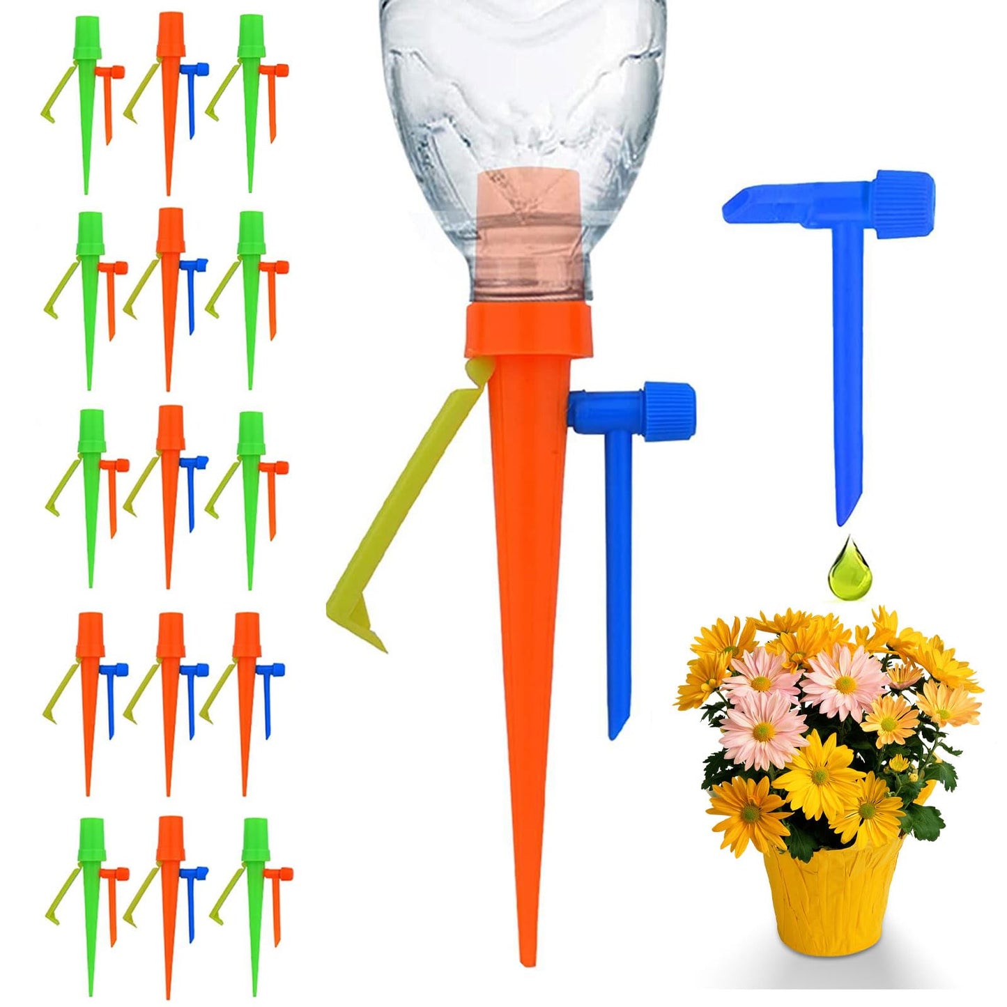 New Upgrade Plant Self Watering Spikes Devices, Plant Drip Irrigation System with Slow Release Control Valve Switch - Adjustable Watering Devices for Outdoor Indoor Garden Plants (15, Orange+Green)