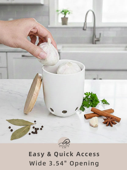 LEETOYI Ceramic Garlic Keeper for Counter, Garlic Holder with Wood Lid (White)