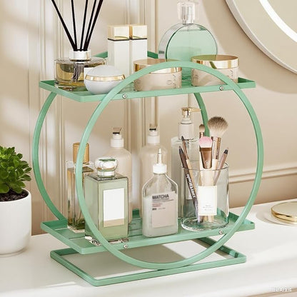 Perfume Organizer for Dresser, 2-Tier Bathroom Counter Organizers, Elegant Round Makeup Organizer for Vanity, Bathroom Organizer Countertop Shelf, Perfume Tray Skincare Storage (Green)