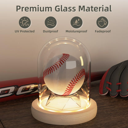 DuvinDD Baseball Display Case with LED Light Base, Glass Dome Cloche Baseball Holder for Softball, Crystal, Rock Collection, Tennis Ball, 4.33" D X 4.7" H, Gifts for Christmas