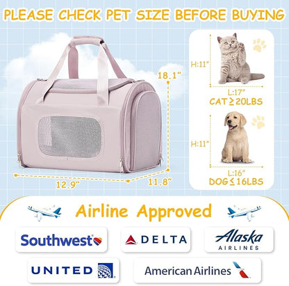Cat Carrier Soft, Pet Dog Carrier Soft-Sided Airline Approved, Pet Travel Carrier Up to 20lbs, Collapsible Cat Carrier Dog Carrier for Medium Cats Small Dogs, Pink