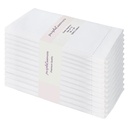 PurpleEssences Set of 12 Hemstitch Cloth Dinner Napkins 100% Cotton - Soft Durable Washable - Ideal for Wedding Spring Easter Summer - Perfect Everyday Use Table Linen 18x18 - White