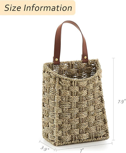 Wall Hanging Pocket Basket Portable Seagrass Storage Basket Decorative Boho Mounted Organizer Dried Flower Plants Front Door Basket for Garden Farmhouse Home