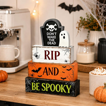 4 Pcs Halloween Table Decorations Ghost Tombstone Wooden Block Signs RIP and be Spooky Rustic Tiered Tray Decor Farmhouse Halloween Centerpiece with Bat for Home Kitchen Shelf Office Mantel