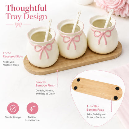 Domensi 3 Piece Pink Bow Condiment Jars Set with Spoons and Wooden Tray, 12.85 oz Ceramic Spice Containers, Coffee Bar Accessories for Your Home, Kitchen, Counter, Housewarming Gifts, 170 ml
