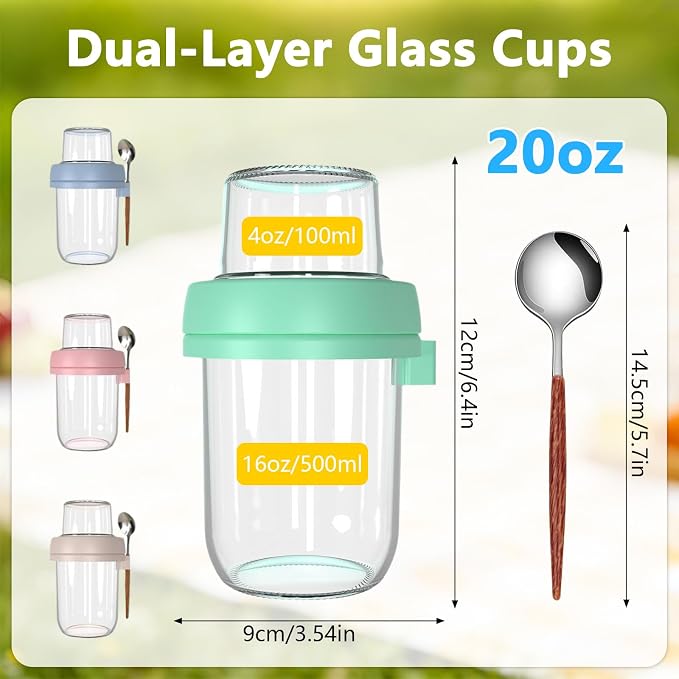 4 Pack Overnight Oats Containers with Lids and Spoons, 20oz Dual-Layer Overnight Oats Jars with Dry and Wet Separation, Thick Glass Mason Jars for Yogurt Dressings Salad & Snacks