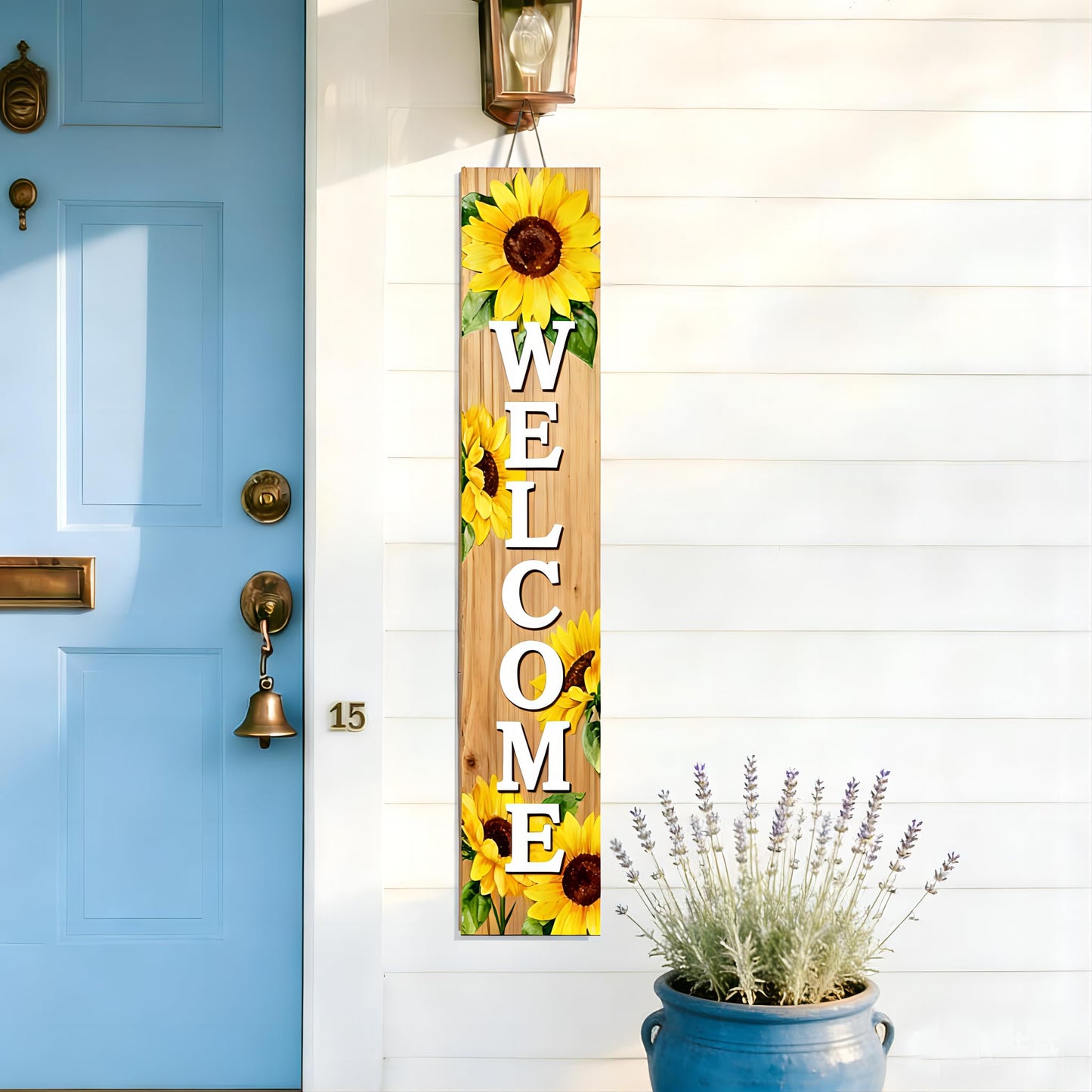 Summer Welcome wooden porch sign Vertical hanging decorations Welcome sign front door standing Decorative sign 47x7.8Inch Sunflower pattern for Outside Yard Decor