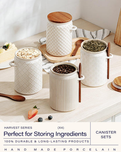 getstar Small Canisters Sets for the Kitchen, 18 oz Sugar Coffee Tea Storage Containers, Ceramic Kitchen Canisters for Countertop Set of 4 with Airtight Lids and Teaspoons