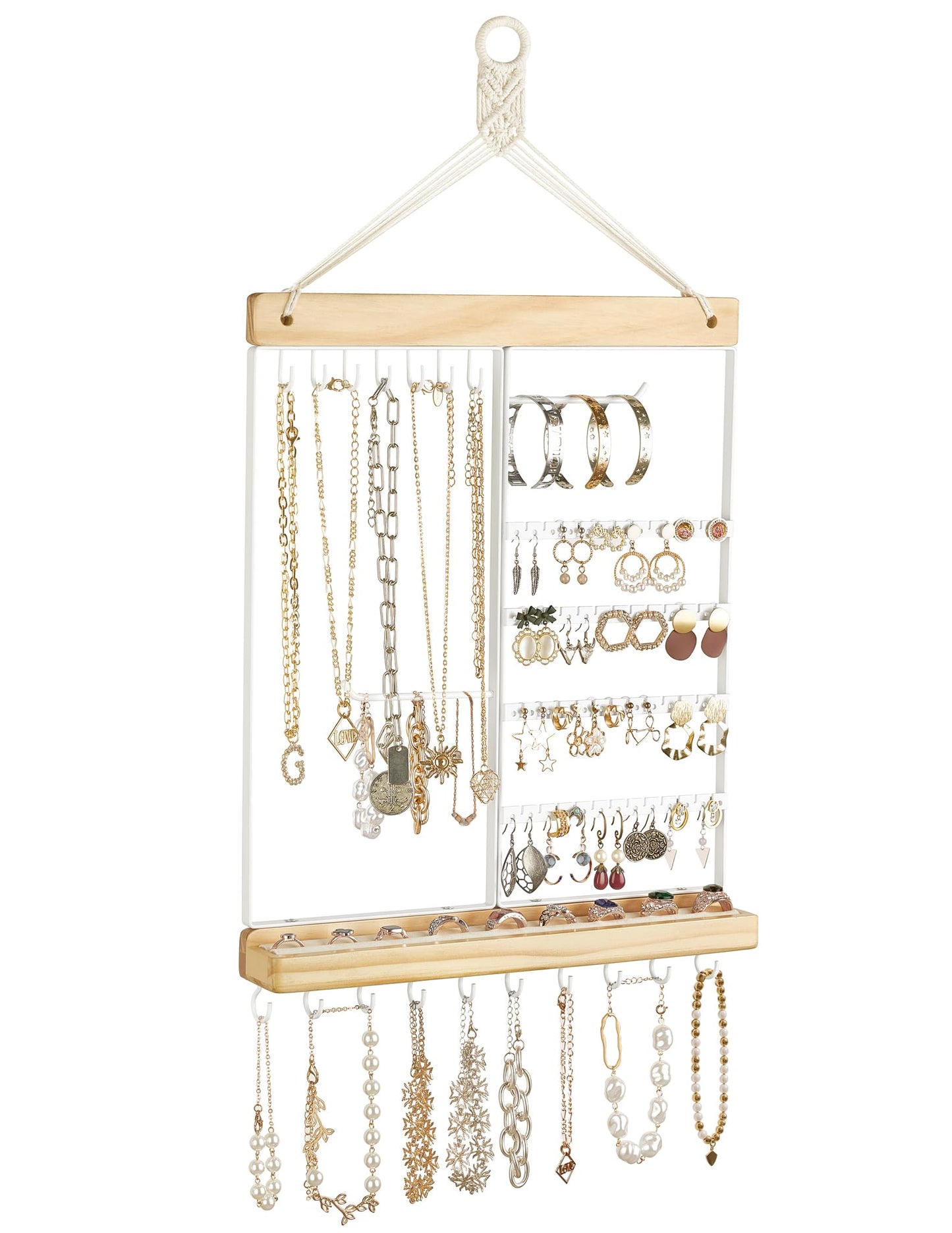 Mkono Key Holder for Wall Decorative Small Macrame Key Holder Boho Home Decor and Hanging Jewelry Organizer Wall Mounted Metal Necklace Holder Wood Shelf with 55 Holes and 7 Hooks Display Rack